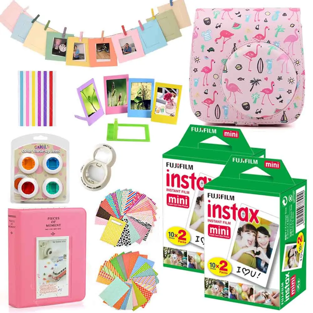 Flamingo Pink Set Fujifilm Instax Mini films 40 шт.+ Instax Mini 8 Instax Mini 9 мгновенная фотокамера из искусственной кожи чехол сумка чехол+ набор аксессуаров - Цвет: Flamingo Pink Set