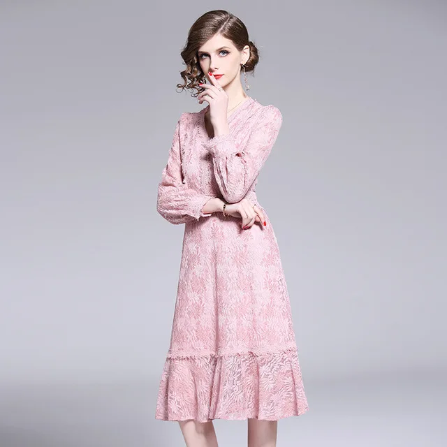 Новый стиль ажурное розовое кружевное платье с узором vestidos mujer Verano длинные рукава