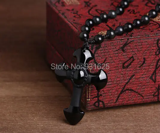 Прямая доставка натуральный черный обсидиан Резные Крест Lucky кулон Бесплатная