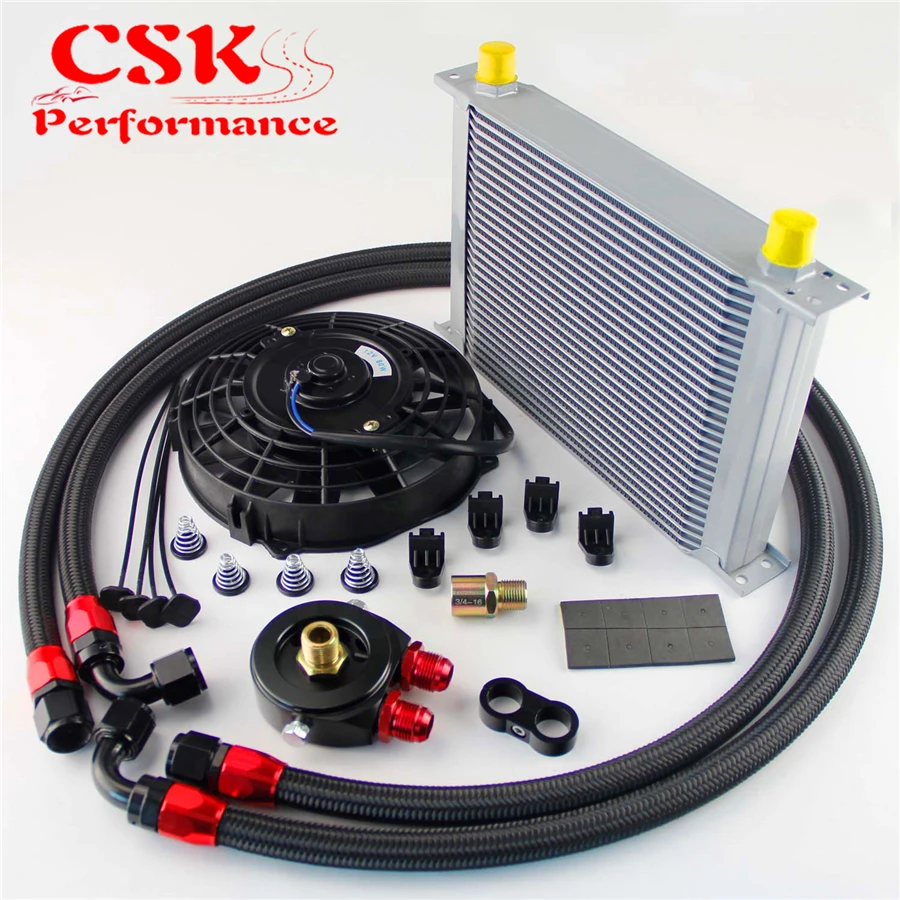 

28 Row 10AN Racing Oil Cooler w/ Filter Adapter Fuel Hose + 7" Electric Fan Kit