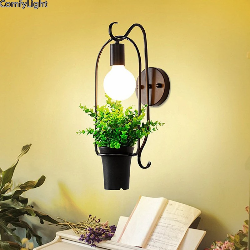Potted Plant wall Light Garden Creative Modern Lightshade Flower Pots for Growing Herbs black iron LED E27 kid room cafe lamp | Лампы и