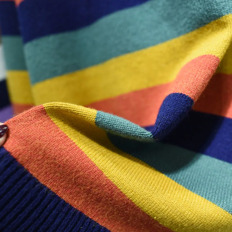Autumn Women Knitted Sweater Rainbow Stripe Loose Outerwear Long Batwing Sleeve Pullover Knitwear Female Casual Tops One Size | Женская
