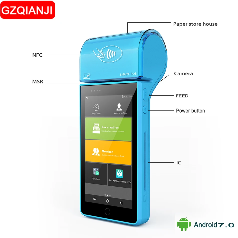 POS терминал PDA с беспроводной Bluetooth Wifi Android 7 0 термопринтером со встроенным и