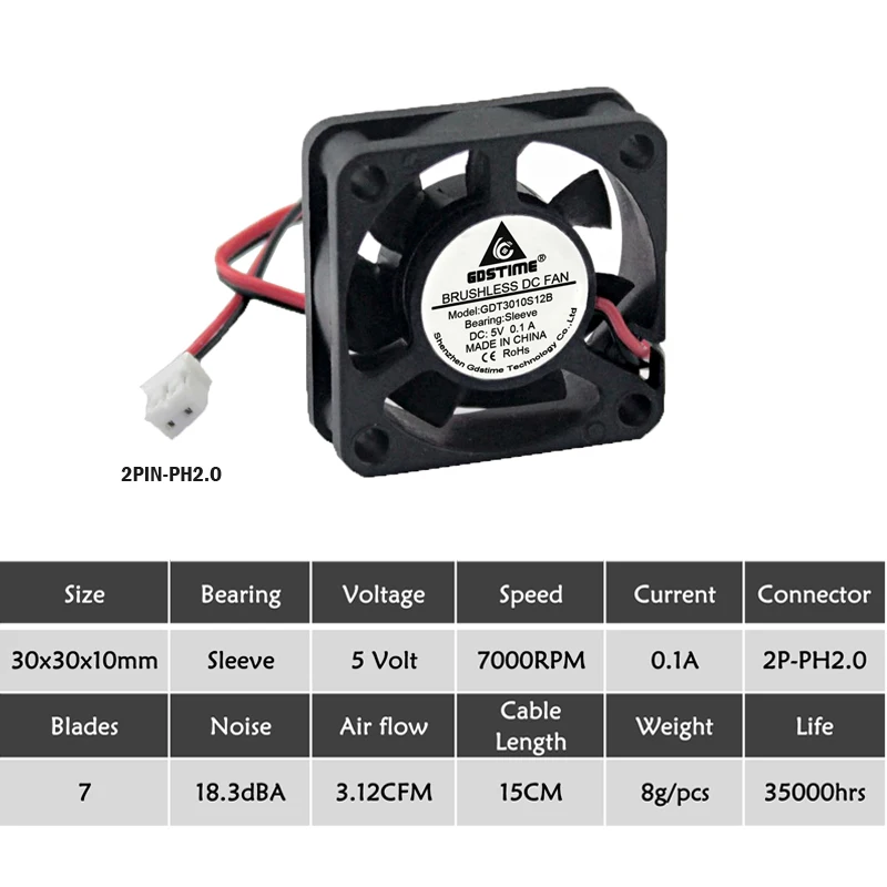 5V 2P2.0 7Blades 5 шт. Gdstime 3010 5 в 12 В 24 В 2Pin 3 см 30 мм 30x30x10 мм микро DC мини Бесщеточный кулер вентилятор охлаждения - Цвет лезвия: 5V 2P2.0 7Blades