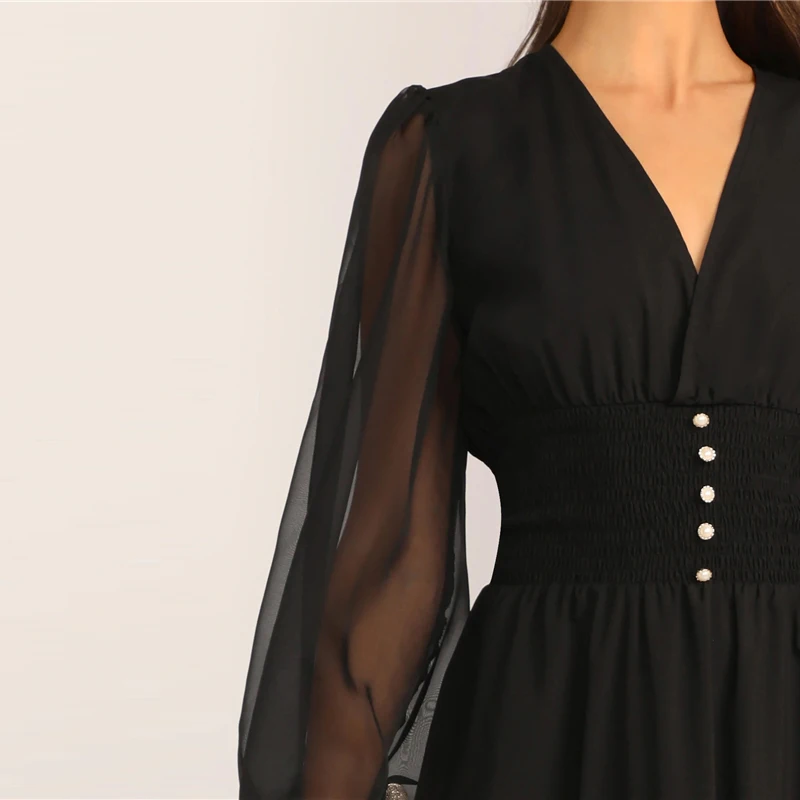 Sheinside Elegant V Neck Button Detail Dress Women Spring Mesh Lantern Sleeve Patchwork Dresses Ladies Solid A Line Dress
