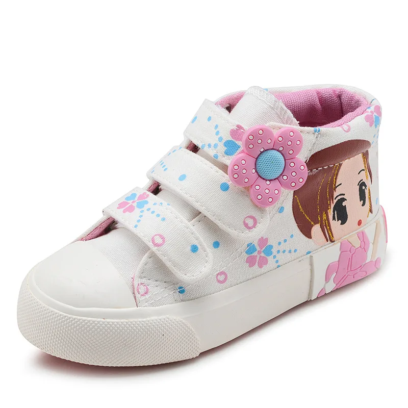 Детская парусиновая обувь для девочек белые кроссовки с высоким верхом и милыми
