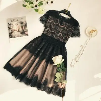 Black Высокое качество, женское кружевное платье, новинка, модный дизайн, летнее, короткий рукав, милое, а-силуэт, Платья для вечеринок, C57 - Цвет: Black