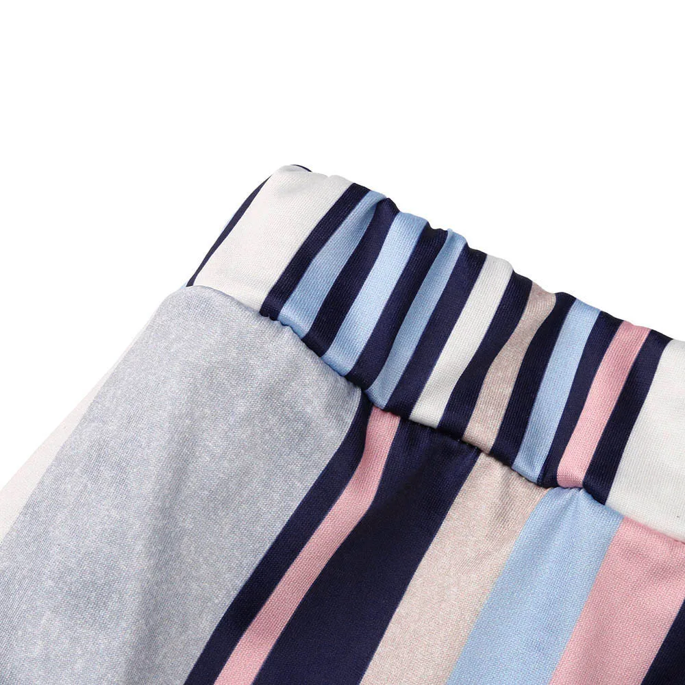 

Feitong New Women Wide Leg Pants Multicolor Stripe Print Fashion Full Length Elastic Waist Summer Trousers With Stripes