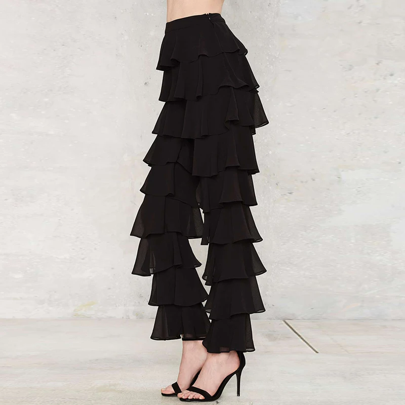 Черные Облегающие многоуровневый взъерошенный брюки женские весенние уличные