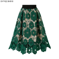 high waist boho lace skirt women summer saia midi european style jupe tulle femme hollow out black green faldas vintage skirts