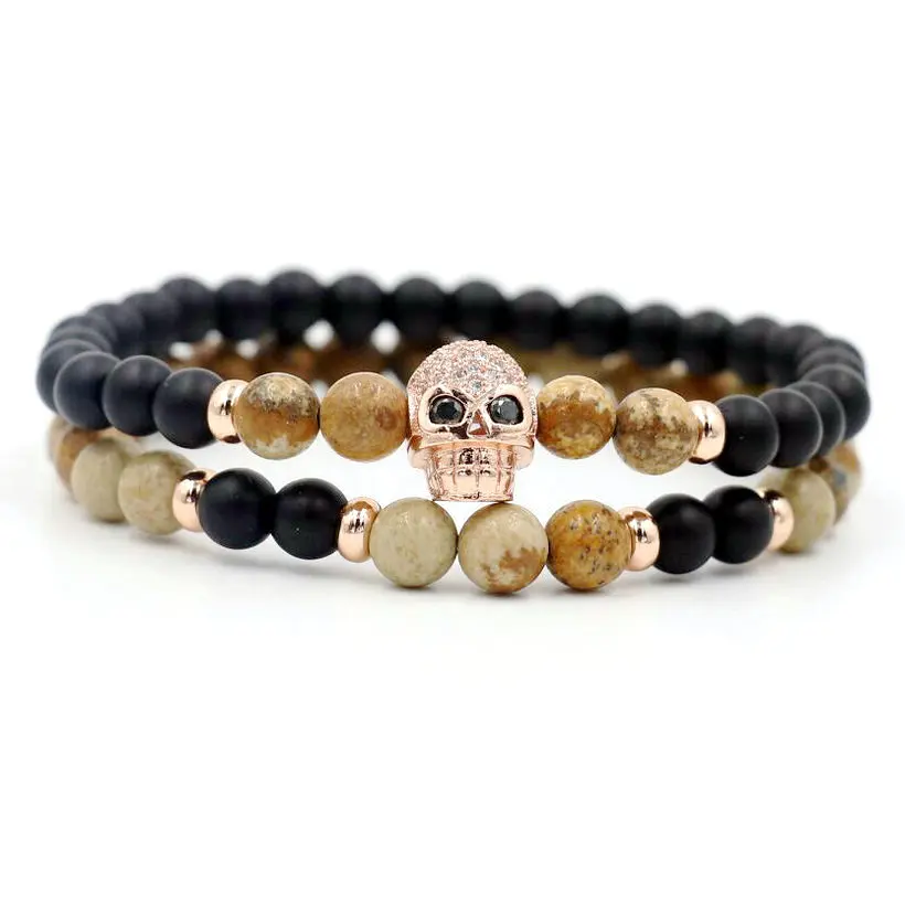 2pcs/set Mala Onyx Stone Strand Bracelet Men Copper Micro CZ Skull Head Energy Bracelets For Couples Women Lucky Buddha Jewelry | Украшения