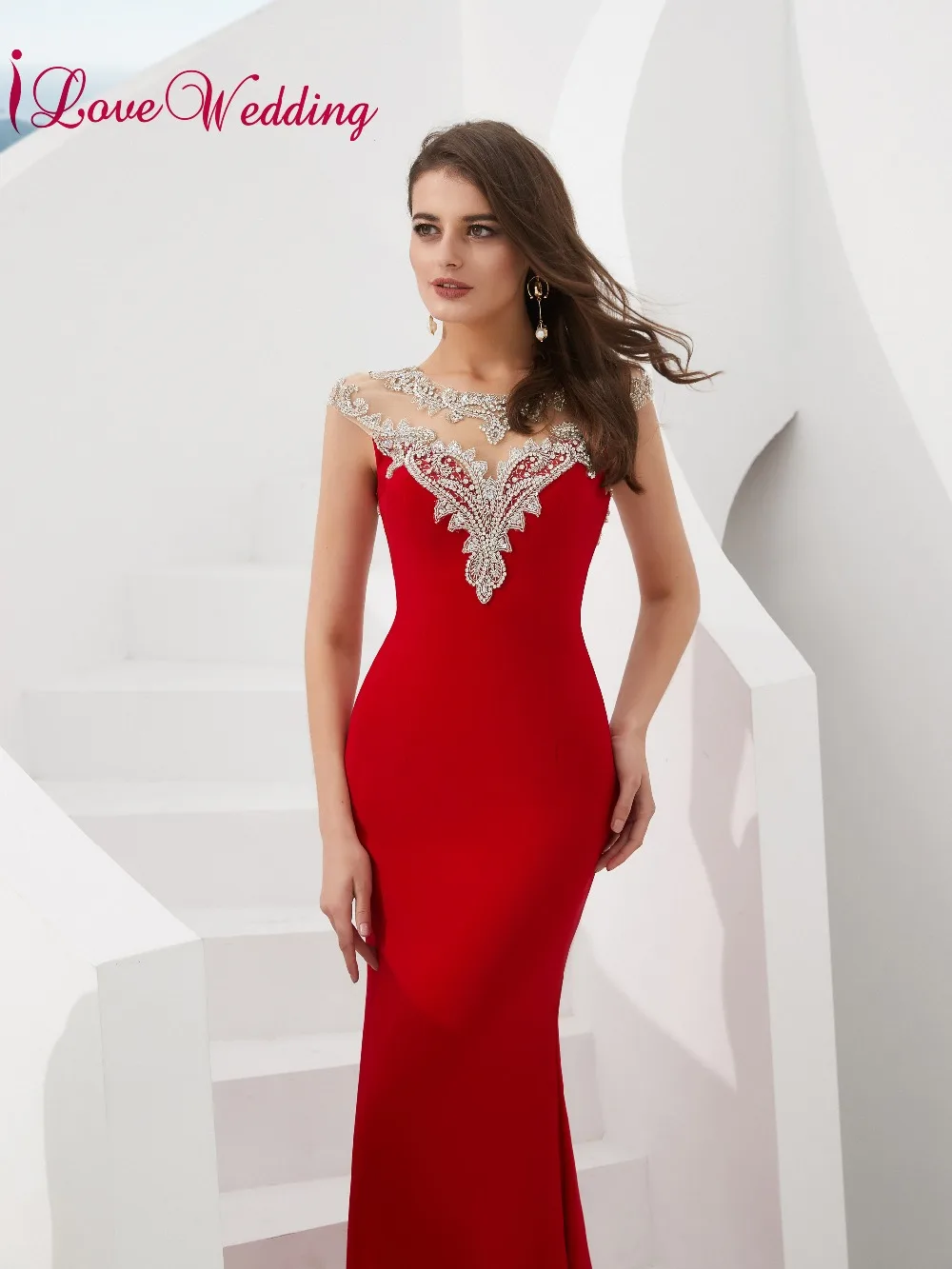 ILoveWedding элегантный Иллюзия с украшением в виде кристаллов бисера Длинные платье для выпускного вечера