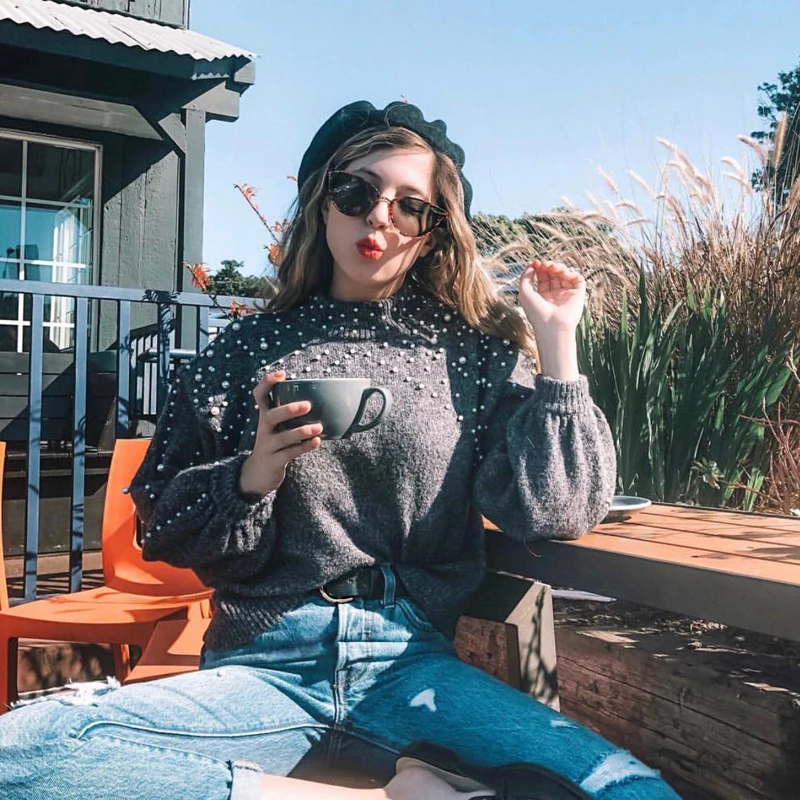 Осенний трендовый свитер с жемчужинами и бусинами пуловеры для женщин 2018 зимний