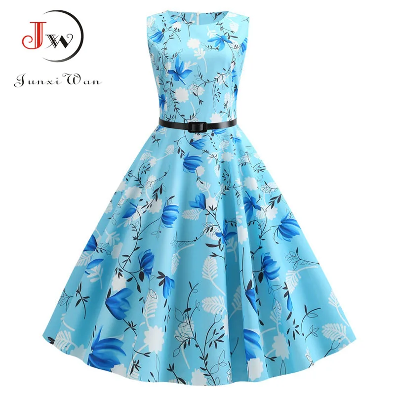 010 Vestidos, женские летние платья, без рукавов, круглый вырез, цветочный принт, винтажное платье, элегантная булавка, вечернее платье рокабилли, женское платье - Цвет: 010
