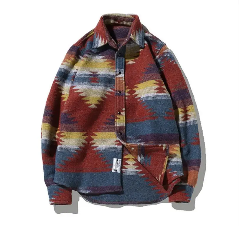 

Folk-custom Shirts for Men Vintage Woolen Leisure Pattern dress casual Shirt Men Plus Size Streetwear Chemise Homme flannel coat