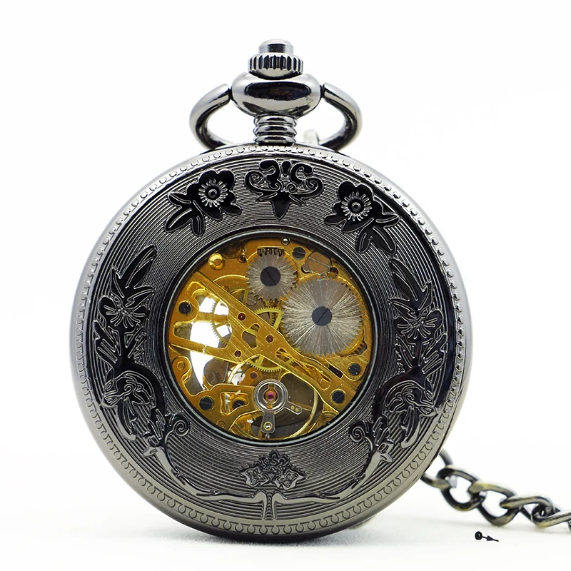 Deluxe Pet Fish Embossed Mechanical Pocket Watch Black Retro Steampunk Manual Chain Necklace Pendant Accessory Clock Gift