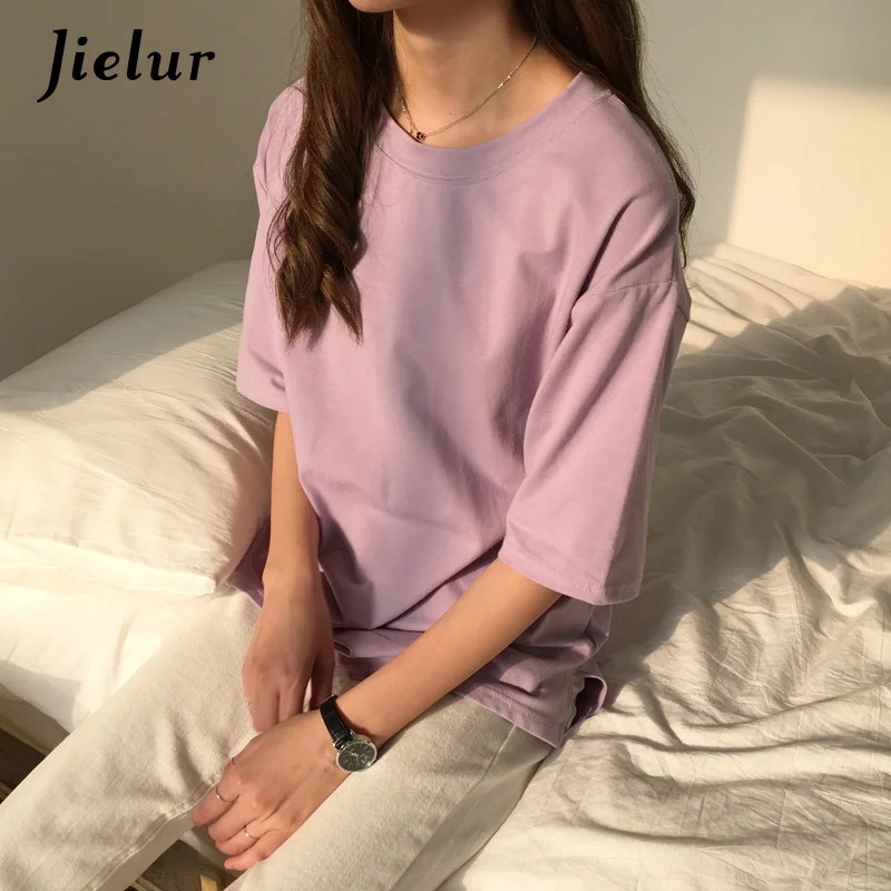 Jielur 10 карамельных цвет одноцветная Корейская футболка для женщин тонкие