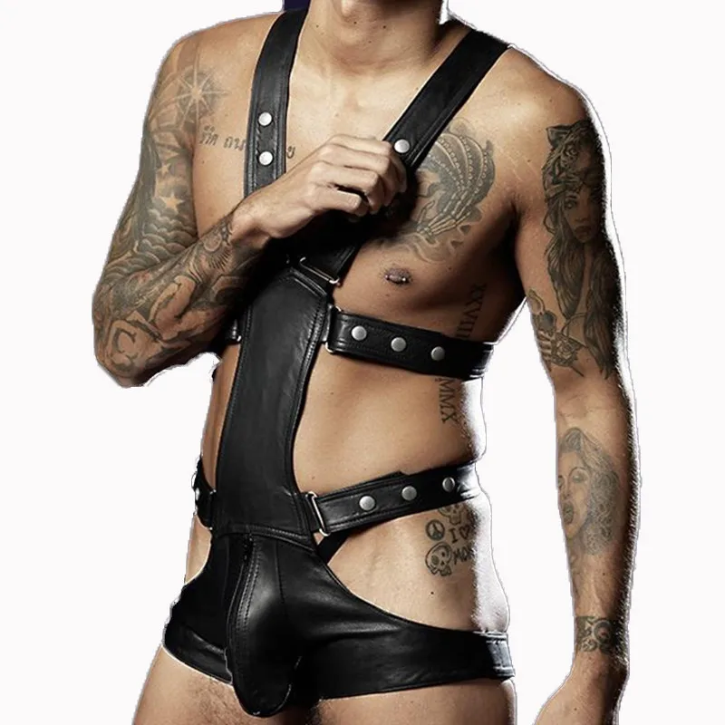 

New Black Sexy Men Faux Leather Bodysuit Exotic Fetish Bondage Restraint Lingerie Fantasy Gay Jumpsuit Teddy Vinyl Sex Underwear