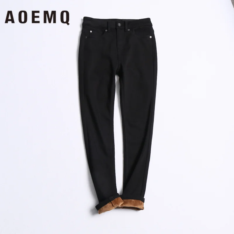 AOEMQ Joker Body Inside Plus Velvet Fine Plush Warm Thick Cotton Stretch Thin High Waist Tight Denim Pants Woman |