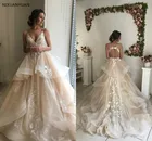 2021 шампанское элегантное ТРАПЕЦИЕВИДНОЕ Кружевное платье-Спагетти Свадебные платья, многослойная с рюшами, Кружевная аппликация с V-образным вырезом, свадебное платье невесты