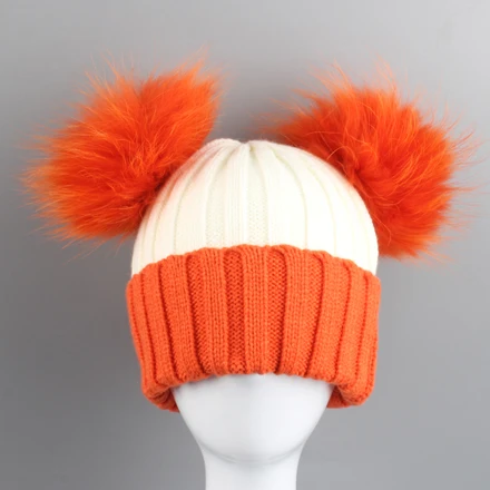 orange fur pom Новая зимняя шапочка Шапки для Для женщин Симпатичные два меха Кепка с помпонами вязаный пэчворк Skullies шапочки - Цвет: orange fur pom