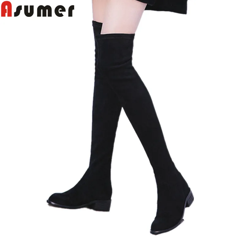 

ASUMER 2021 fashion autumn winter boots women round toe zip suede leather boots med heels over the knee boots black size 34-40