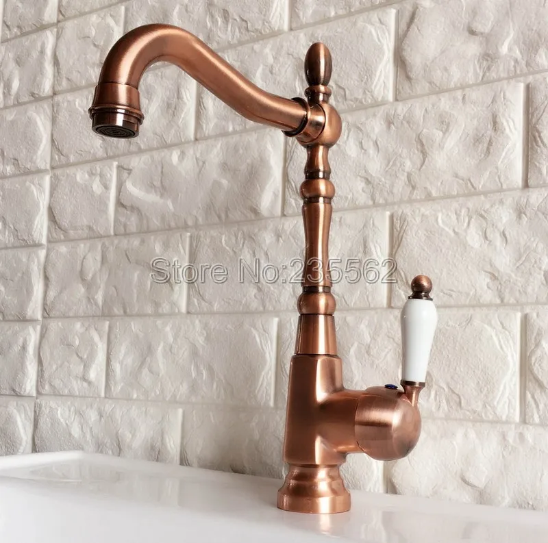 

Swivel Spout Antique Red Copper Bathroom Faucet Deck Mounted Single Handle Cold and Hot Water Taps Basin / Sink Faucets lnf416
