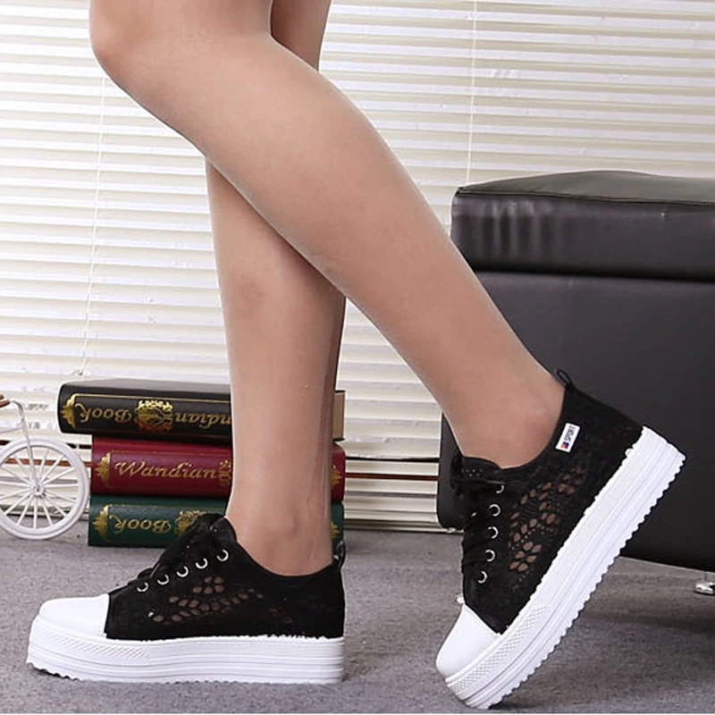 Nice Summer New Women Shoes Casual Cutouts Lace Canvas Hollow-Out Floral Breathable Platform Flat Shoe Black White | Обувь