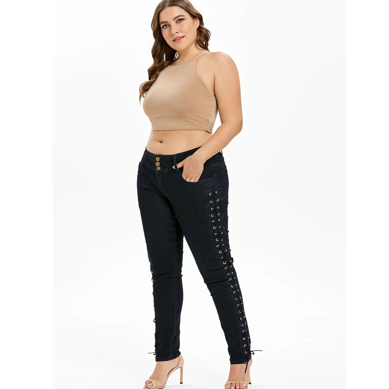 SexeMara узкие середине талии карандаш брюки джинсы по бокам Criss Cross Soild Chic