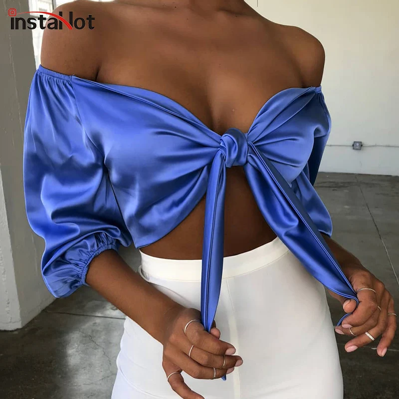 InstaHot Сексуальный атласный синий золотистый топ в виде галстука бабочки