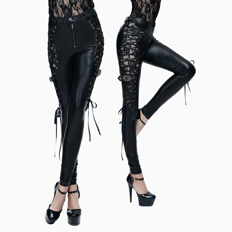 Devil Fashion Punk Sides Bind PU Leather Trousers for Women Gothic Sexy Lace Hollow Out Stretch Pants Black Slim-Fitting Pants