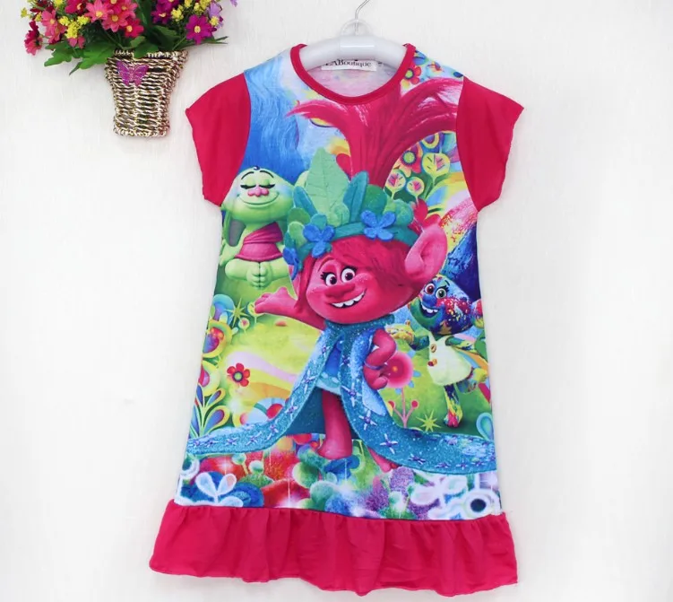 2017 Платье для маленьких девочек троллей Летнее платье с героями мультфильмов