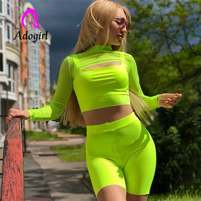 Adogirl флуоресцентный Женский комплект с вырезами спереди длинным рукавом