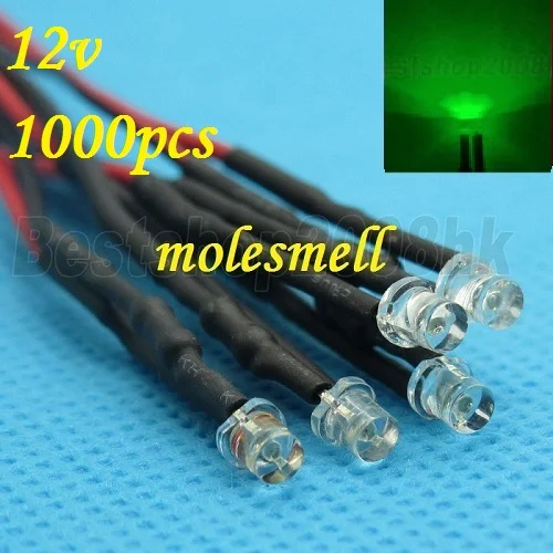 Free shipping 1000pcs 3mm 12v Flat Top Green LED Lamp Light Set Pre-Wired 3mm 12V DC Wired 3mm big/wide angle green 12v led