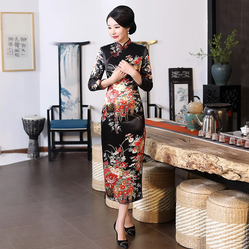 Китайский традиционный Cheongsam Для женщин шелковые Сатиновые платья Макси платье