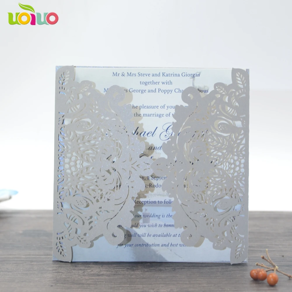 

Hot sell silver fancy lace luxury wedding invitation cards printed any language available nice laser cut designs