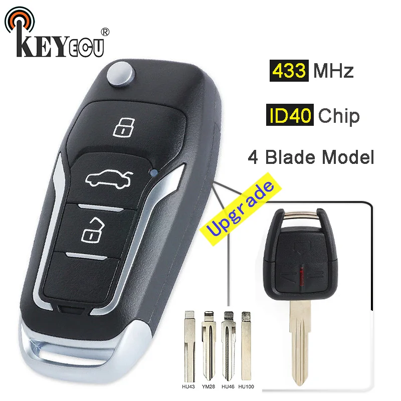 

KEYECU 433MHz ID40 Chip 3 Button Upgraded Flip Folding Remote Key Fob for Opel Omega Vectra B with HU43/ YM28/ HU46/ HU100 Blade