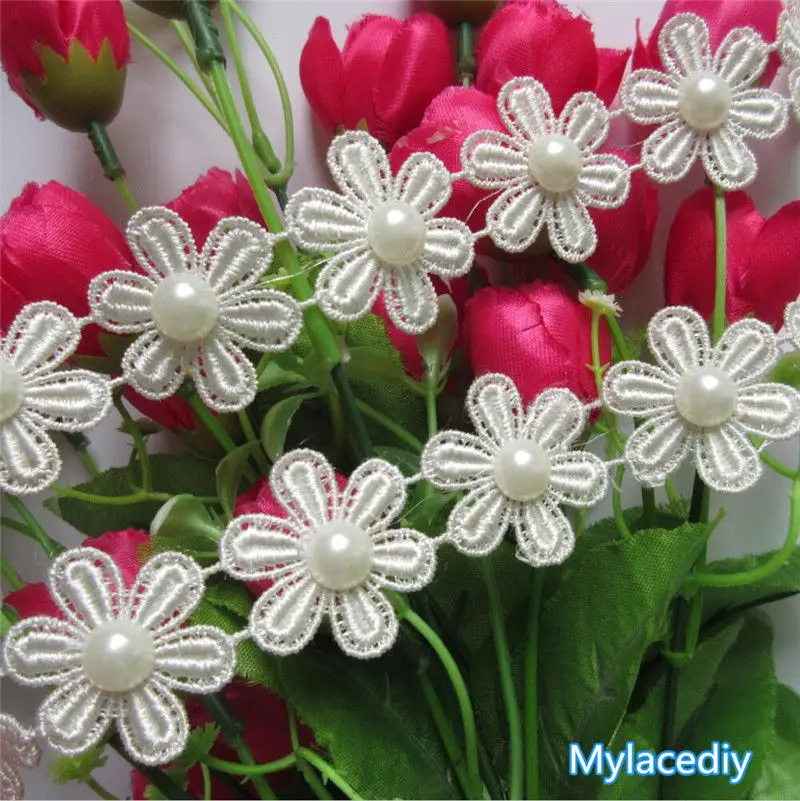 1 yard Pearl Beaded Flower Embroidered Lace Edge Trim Ribbon Floral Applique Patches Fabric Sewing Craft Vintage Wedding Dress | Дом и сад