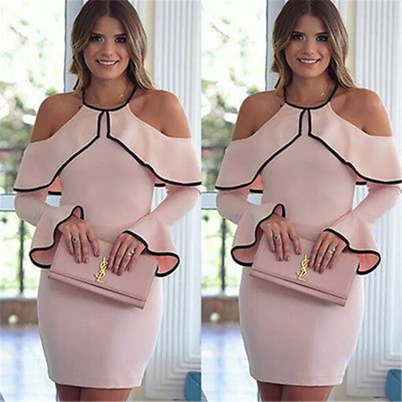 Модное осеннее Розовое женское облегающее платье с открытыми плечами и длинным