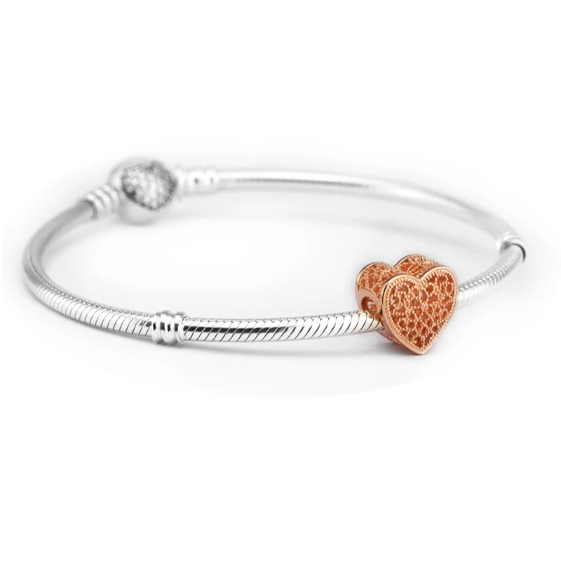 QANDOCCI Романтика OpenworkHeart бусины для изготовления ювелирных изделий 925 Серебро Роза