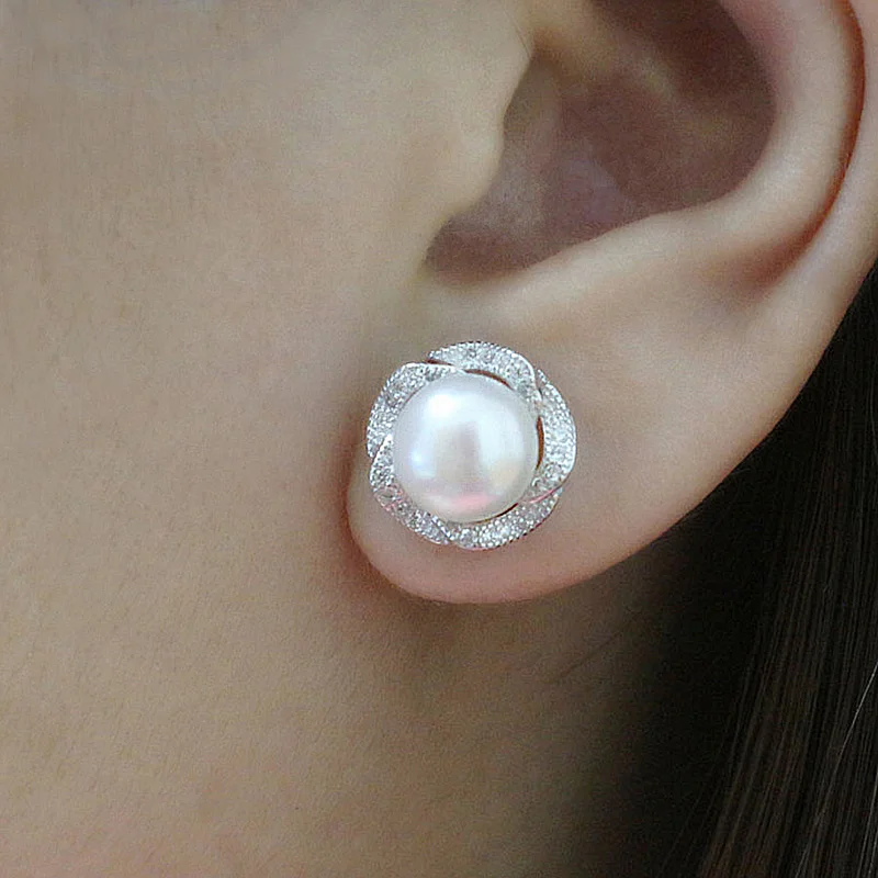

S925 Sterling SilverJewelry 7-9mm top quality Natural Pearl Rose Stud Earrings Fashion wedding Earrings Pearl Jewelry For Women