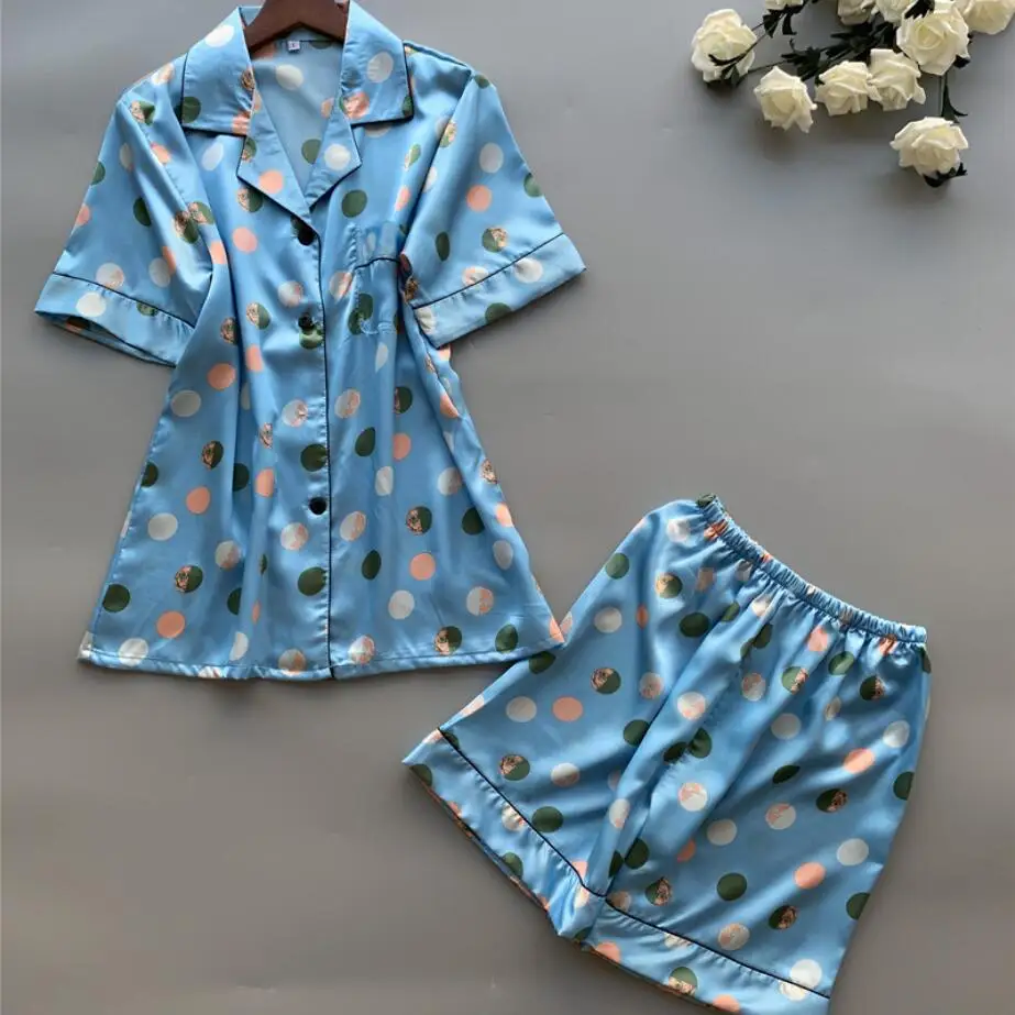 

Shirt Lapel Sleep Lounge Pajama Set Sexy Satin Sleepwear Women Summer Pyjamas Women Short Sleeve Femme pijamas women Shorts 964