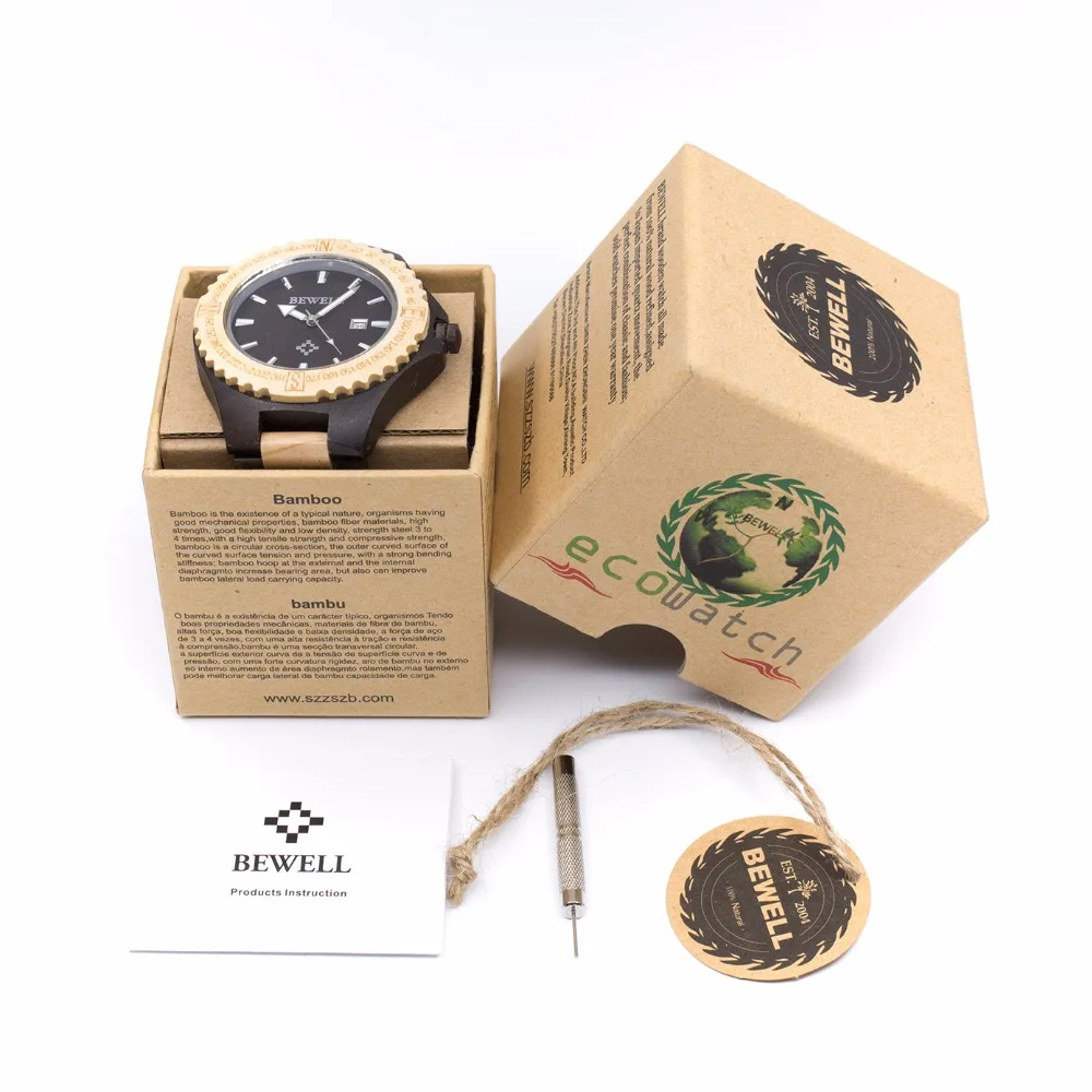 BEWELL мужские наручные часы из натурального дерева деревянные кварцевые с датой