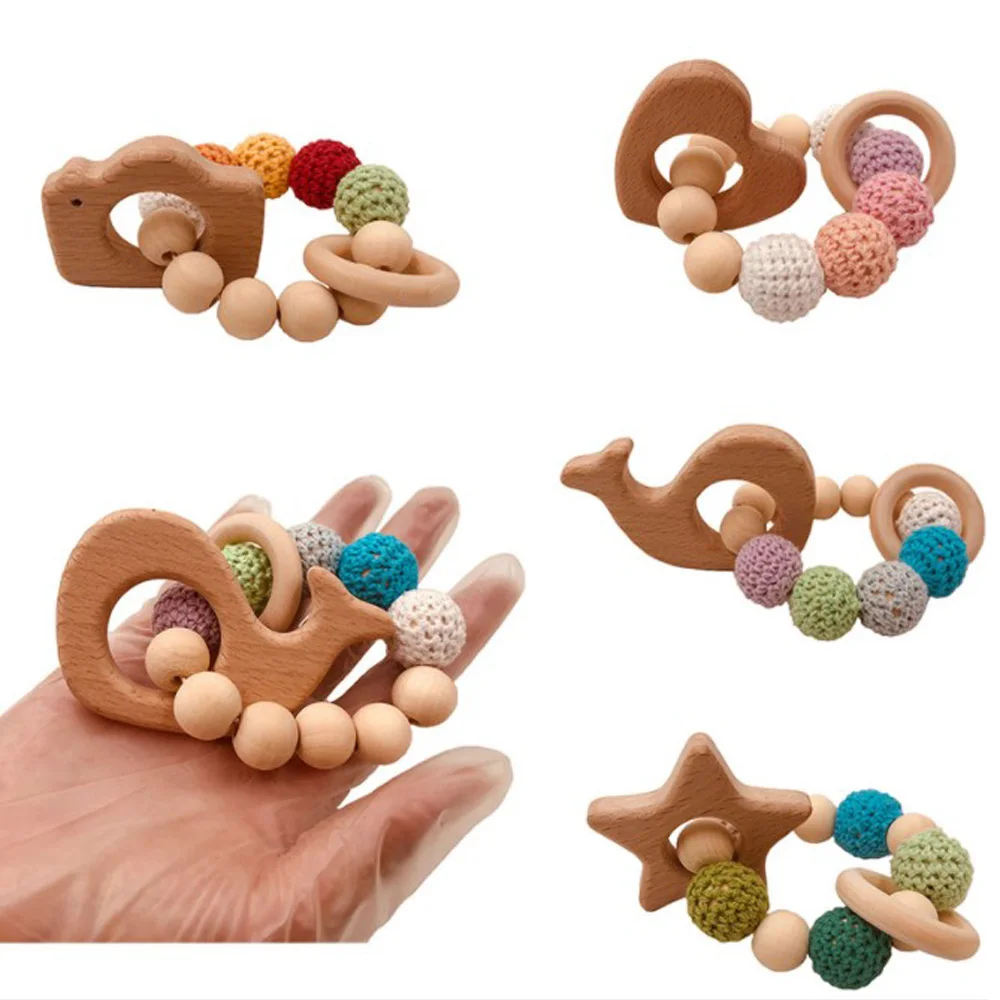 Wooden Ring Natural Baby Rattle Crochet Beads Animal Shape Teether Chew Toys Bracelets Gym | Игрушки и хобби