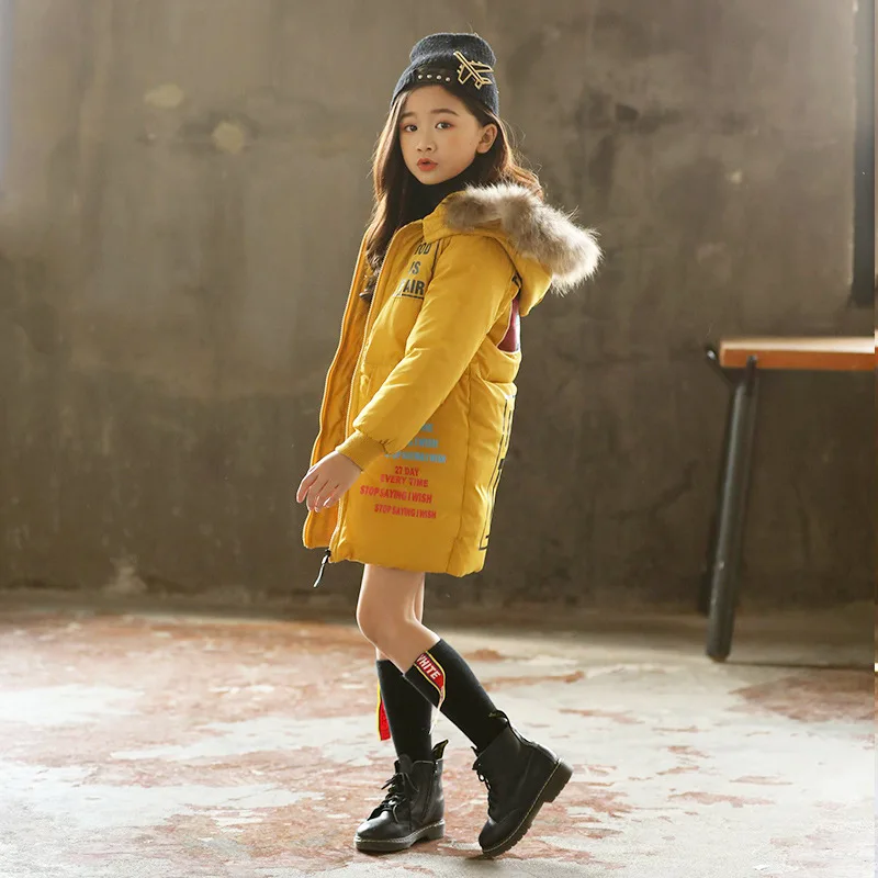 

Girls Warm Clothes 4-12 Years Long Sleeve Hooded Letters Mid-Long Cottoned Coats Thicken Warm Windbreaker Winter Outdoor Jackets
