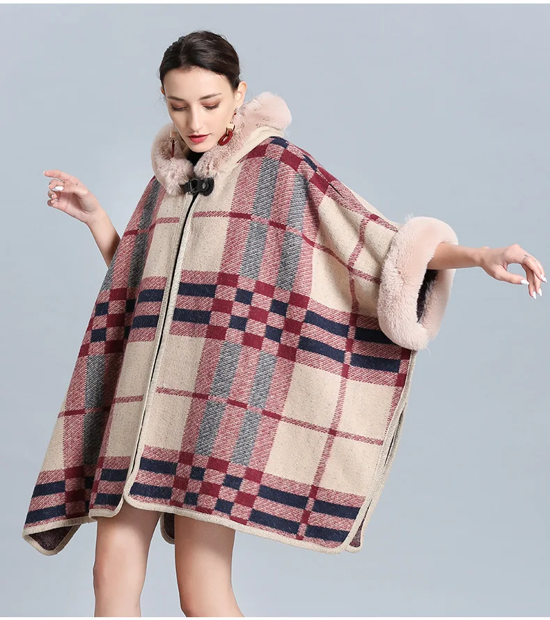 

Fashion women's winter warm fur cape Babague scarf hooded knit shawl European and American luxury brand street trend poncho