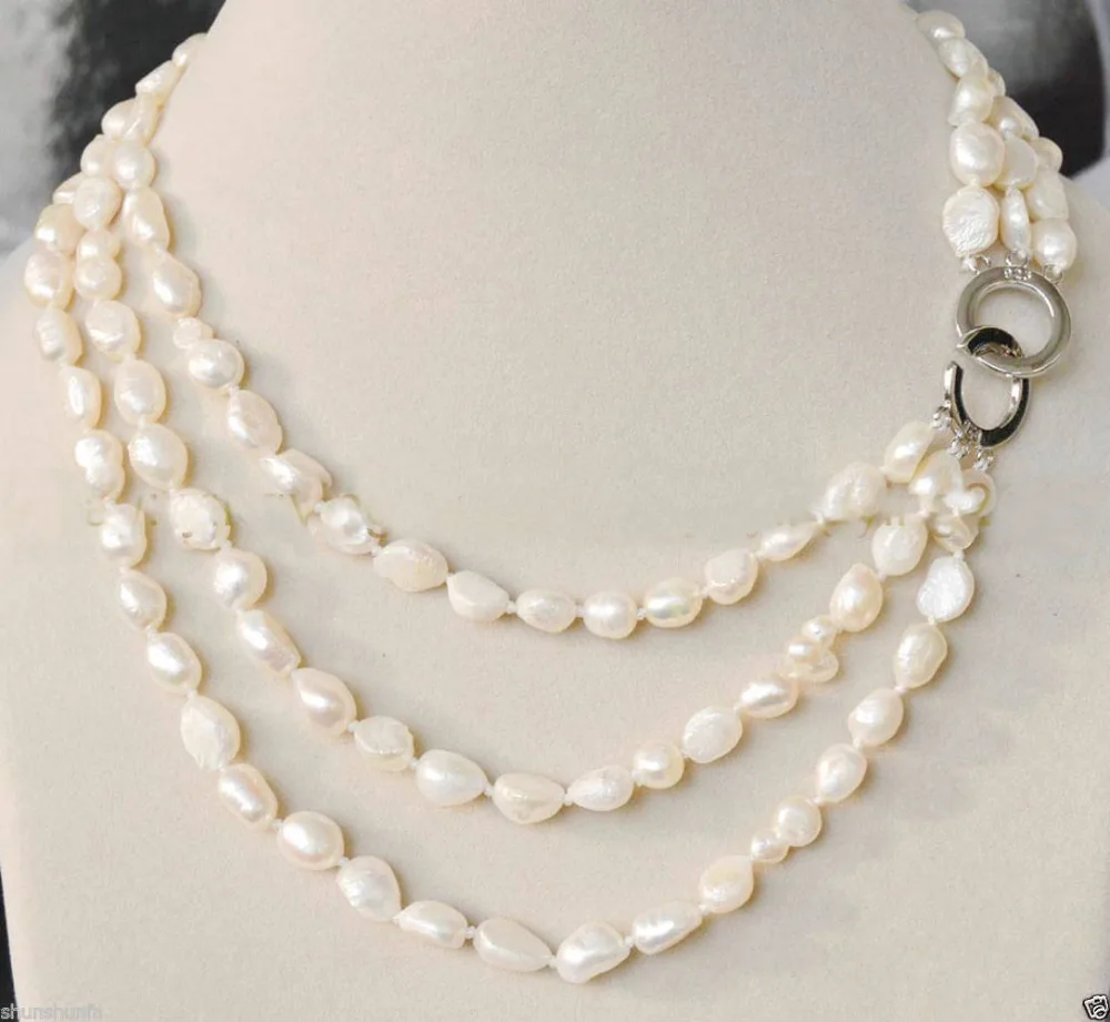

Selling Jewelry>> NEW 3 Rows 7-8mm real baroque white freshwater pearl jewelry necklace 17-20"