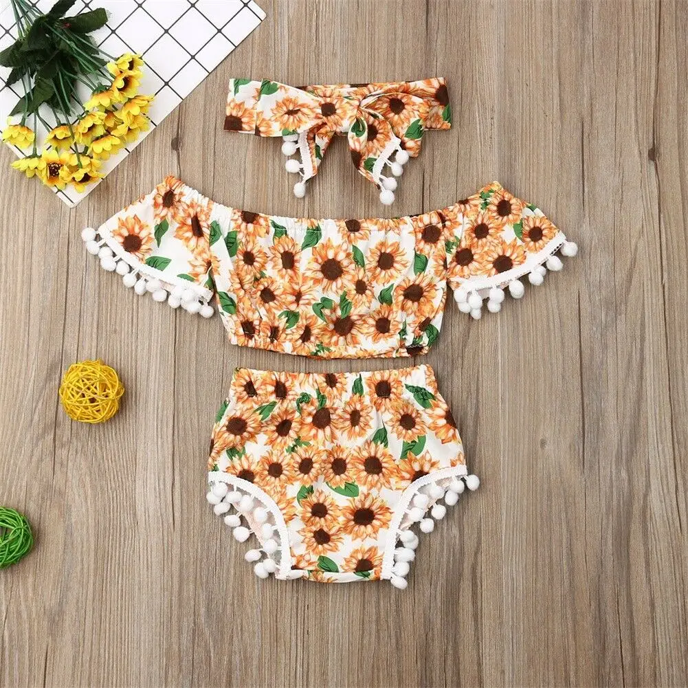 3PCS 0-24M Baby Girls Clothes Sets Off Shoulder Tassel Floral Tops Shorts Headband Outfits Set | Мать и ребенок