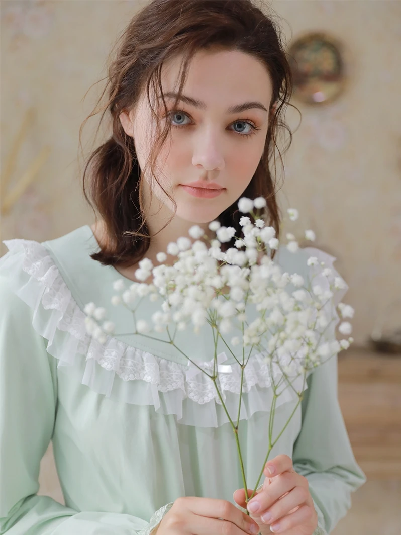 Винтаж Раффлед пижамный комплект светло зеленый Хлопковая пижама Femme осень