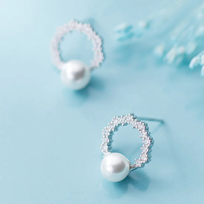 Серьги INZATT из серебра 925 пробы циркониевые круглые жемчужные серьги-гвоздики для